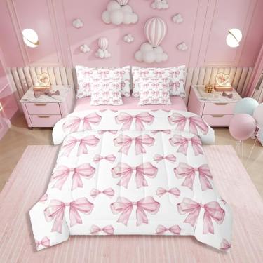Imagem de Erosebridal Conjunto de edredom infantil com laço rosa, 7 peças, cama de solteiro em uma bolsa, estilo princesa sonhadora, conjunto de cama para meninas, com gravata borboleta, romântico para o dia