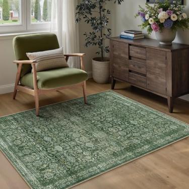 Imagem de WondRg Tapete de área neutra lavável verde 7 x 12 cm para entrada, vintage, antiderrapante, macio, fino, floral, tradicional, resistente a manchas, sala de jogos, quarto, cozinha, lavanderia