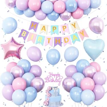 Imagem de Decorações de aniversário rosa roxo azul, decoração de balão pastel, faixa de feliz aniversário, topo de bolo, estrela coração, balão de alumínio para meninas, chá de bebê, festa de revelação de