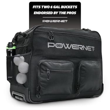 Imagem de PowerNet Bolsa de treinamento de beisebol com rodinhas | Comporta até dois baldes de bola com assentos acolchoados | Alça telescópica com rodas resistentes para qualquer superfície | Organizador de balde para softball