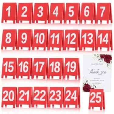 Imagem de Dunzoom 25 peças de números de mesa 1-25 suportes de números de mesa de madeira dupla face suportes para cartões para festa de casamento, eventos, recepções, banquetes, bistrôs, cafeterias (vermelho)