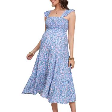 Imagem de KOJOOIN Vestido feminino de verão sem mangas com decote quadrado franzido casual boho midi vestido de chá de bebê sessão de fotos, Flor azul-claro, G