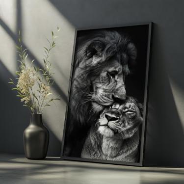 Imagem de Quadro Decorativo Leões Preto e Branco Com Moldura Amor Animal Casal Leão Retrato Forte Arte Selvagem Parede Moderna Luxo