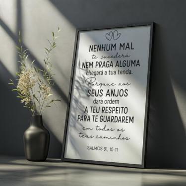 Imagem de Quadro Decorativo Salmo 91 Anjos Com Moldura Versículo Bíblia Proteção Fé Cristã Nenhum Mal Frase Religiosa Moderna Parede