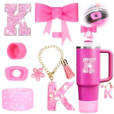 Imagem de Mity rain 6 peças de acessórios de copo rosa para Stanley Cup 850 g 1,134 g - Decoração de iniciais de copo para Stanley, incluindo tampa e bota de palha de silicone, tampa à prova de derramamento