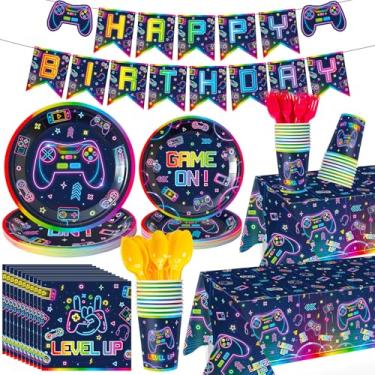 Imagem de Tiamon Conjunto de decoração de festa de videogame neon 172 peças, faixa de feliz aniversário, suprimentos para jogadores, toalha de mesa de plástico, pratos de papel para jogadores, pacote de