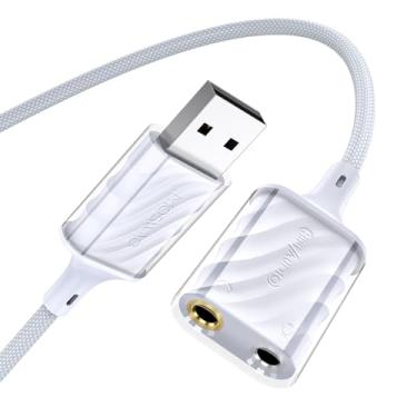 Imagem de MOSWAG Divisor de áudio USB para 3,5 mm, placa de som estéreo externa com conector de fone de ouvido e microfone TRS duplo de 3,5 mm para PS4/PS5/PC/laptop, adaptador de fone de ouvido embutido