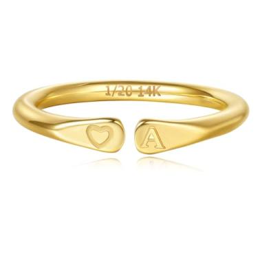 Imagem de YIKOXI Anéis femininos preenchidos a ouro 14 k com inicial esculpida à mão e não mancham alianças em formato de coração para mulheres, Aço inoxidável, Sem pedra preciosa
