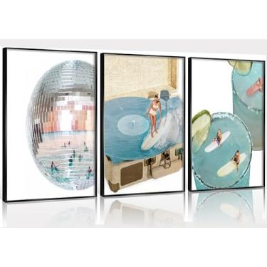 Imagem de 3 peças arte de parede em tela azul moderna retrô bola de discoteca estética bar carrinho pôster impresso arte azul costeira menina surf dj decoração de imagem para quarto de meninas dormitório Y2K
