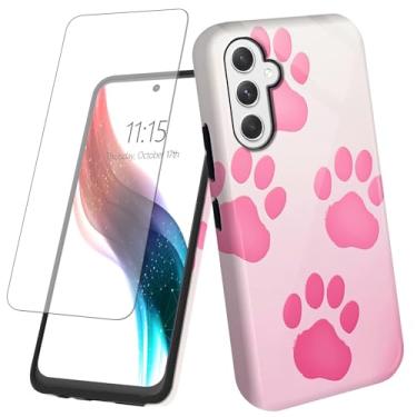 Imagem de Capa para celular Samsung Galaxy S24 FE 5G com protetor de tela, design rosa com estampa de pata de cachorro para mulheres e homens, híbrida, camada dupla, capa protetora de silicone TPU macio de