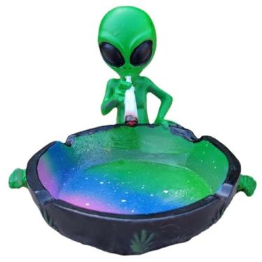 Imagem de Cinzeiro de charuto Halloween engraçado alienígena fumar cinzeiro de mesa resina multicolorida redonda fantasia excêntrica cinzeiro com borda elevada para escritório em casa (alienígena verde)