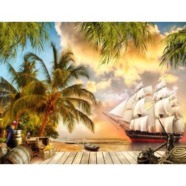 Imagem de SADFA Pano de fundo de navio pirata de 2,1 x 1,5 m | Barco à vela de madeira vintage da ilha da praia para decoração de festa de aniversário, faixa de sessão de fotos ou lembrancinhas, adereços de