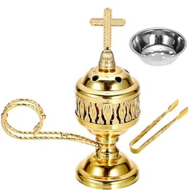 Imagem de JUXYES Queimador de incenso vintage com apanhadores de cinzas e tampa cruzada, incensário de metal, queimador de resina de incenso de carvão antigo com pinça, liga de zinco, aromaterapia espiritual