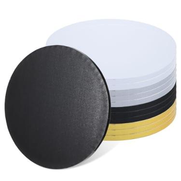 Imagem de 12 pacotes de tambores de bolo grossos, à prova de graxa 25,4 cm sortidos redondo tambor de bolo em ouro, preto, prata, branco, tábuas de bolo de papelão para apresentação de bolos pesados/altos em