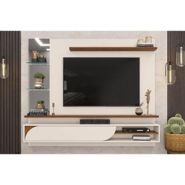 Imagem de Painel Quarto p/ TV até 60 polegadas Ravi c/ Prateleiras e Nicho 180x152cm Off White/Freijó - DJ Móveis