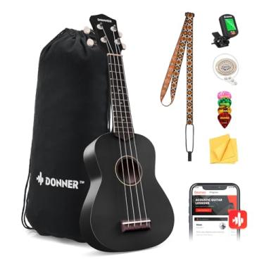 Imagem de Donner Ukulele Soprano para iniciantes kit de ukulele fosco de 53 cm com alça de saco para afinador de cordas pano palhetas, aulas online gratuitas, presente de Natal e aniversário (Preto)