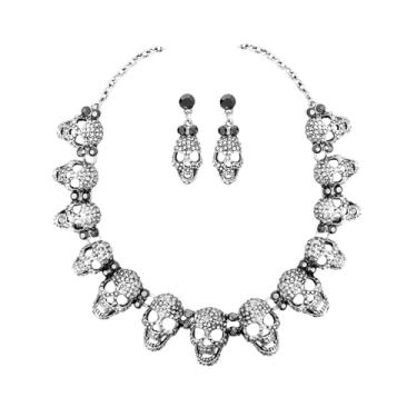 Imagem de chaoyite Conjunto de joias exageradas de Halloween, colar punk, brincos, conjuntos de joias, gargantilha gótica de crânio para mulheres, acessórios vintage personalizados com cabeça de esqueleto, Metal, Cristal