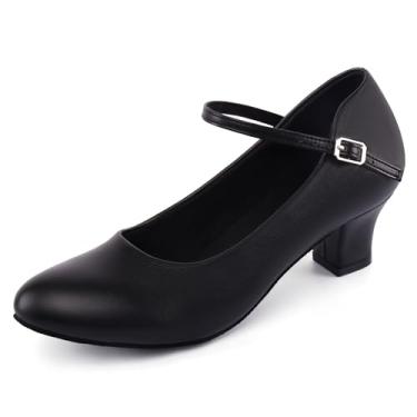 Imagem de Linodes Sapato de dança de salão feminino econômico de couro PU com tira no tornozelo, 5 cm, Preto, 37