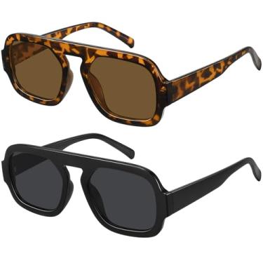 Imagem de WOWSUN Óculos de sol retrô aviador feminino 70s quadrados modernos óculos de sol, Pacote com 2: armação preta lente cinza + armação de leopardo lente marrom, Medium