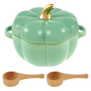 Imagem de Tigela de cerâmica de abóbora com tampa segura para forno, tigela de cerâmica de abóbora para sopa, mini assadeira fofa tigela de abóbora com colher, para servir ou assadeira, caçarola em forma de