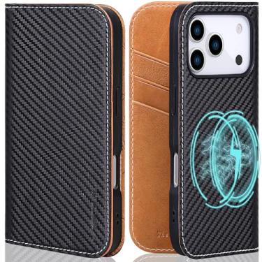 Imagem de VISOUL Capa carteira para iPhone 17 Pro, capa magnética de couro de fibra de carbono com suporte para cartão com bloqueio de RFID, suporte, capa flip compatível com iPhone 17 Pro (6,3 polegadas