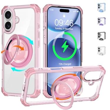 Imagem de WPCase Capa transparente para iPhone 17 com suporte [compatível com MagSafe], capa resistente de grau militar com suporte magnético giratório 360 para mulheres e homens, rosa transparente