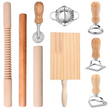 Imagem de LCZNXJJY 9 ferramentas para fazer massas, kit de madeira para fazer massas, máquina de macarrão de nhoque com cortadores de carimbo de ravióli, rolos de rolos, placa de nhoque, cortador de massa para