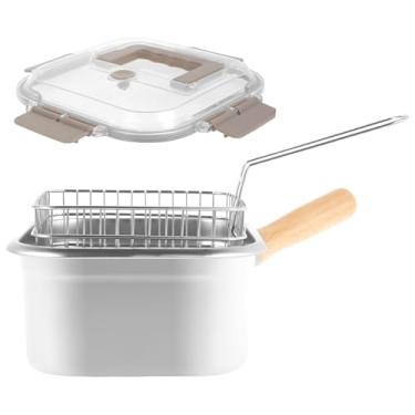 Imagem de Frigideira de aço inoxidável com cesta e alça Frigideira quadrada portátil com tampa Fritadeira multifuncional para peixe, frango e batatas fritas (prata, terno 1)