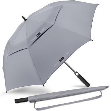 Imagem de NINEMAX Guarda-chuva de golfe grande, à prova de vento, guarda-chuvas de golfe de 152 cm para uso pesado de chuva, grande dossel duplo ventilado para carrinho de empurrar (cinza)