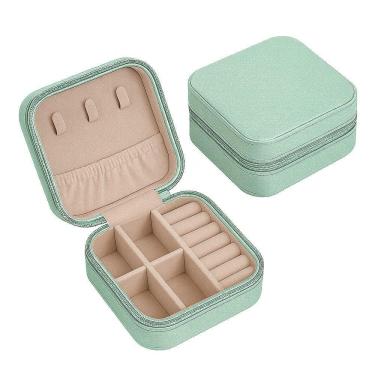 Imagem de Porta-joias De Viagem Compacto Com Zíper – Couro Sintético, Compartimentos Para Anéis, Colares E Brincos Verde Menta