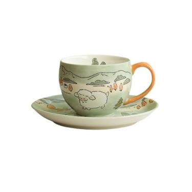 Imagem de Caneca de café de cerâmica Caneca de café cerâmica pintada à mão, presente aniversário, conjunto xícara e pires chá da tarde com orelha pendurada