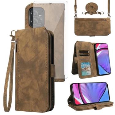 Imagem de Asuwish Capa para celular Motorola Moto G Power 5G 2023 carteira com protetor de tela de vidro temperado alça transversal alça flip zíper suporte para cartão de crédito slot suporte GPower G5 mulheres