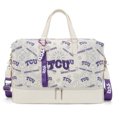Imagem de Montana West X NCAA Bolsa de viagem dobrável, bolsa de ginástica, impermeável, para homens ou mulheres, bolsa de pendurar com alça de ombro ajustável, TCU-Bege