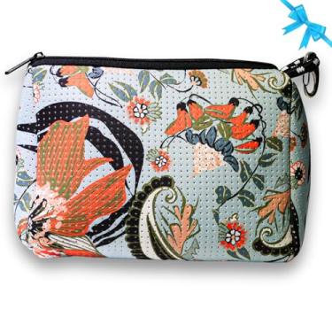 Imagem de Bolsa de maquiagem grande da marca Pop Ups com zíper – bolsa organizadora de cosméticos de neoprene lavável à máquina para viagem, Estampa azul, Bolsa de maquiagem grande com zíper - neoprene lavável