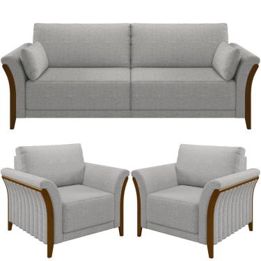 Imagem de Kit Sofá 03 Lugares Sala Estar 222cm Com 02 Poltronas Stefan Pés Madeira M03 Linho Cinza - Lyam Decor
