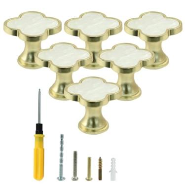 Imagem de BokWin Pacote com 6 puxadores de gaveta de mesa trevo de quatro folhas, maçaneta branca fofa de liga de zinco, puxador de orifício único, puxadores pequenos de armário (com parafusos de montagem)