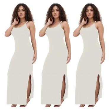 Imagem de KIT C/3 Vestidos Canelado Longo com Fenda - Emporio J, Branco, Branco,