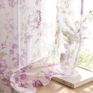 Imagem de Cortinas florais roxas de 213 cm de comprimento, 2 painéis, românticas, flores lilás, cortinas transparentes para quarto de meninas, bolso de varão, filtragem de luz, privacidade, lavanda, cortinas de