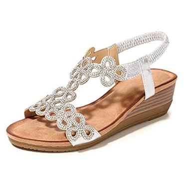 Imagem de Meeshine sandália feminina anabela verão confortável casual boêmio praia strass plataforma sapatos, Silver 62, 8.5