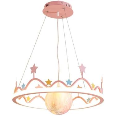 Imagem de Lustre de quarto infantil para meninas 9-10 Lustre redondo de coroa de princesa Lua Planeta Lâmpada suspensa Regulável LED Anel Circular Luz pendente para quarto de criança Berçário, Rosa Az