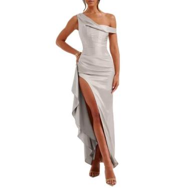 Imagem de Vestidos de dama de honra Alphirkut Maxi Satin Prom Dress 2024 Silver