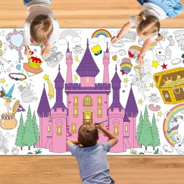 Imagem de Zhzcncg Pôster de colorir gigante de festa de princesa, toalha de mesa de 76 x 182 cm, toalha de mesa de atividades de princesa, castelo mágico, para crianças, parede temática de aniversário, casa