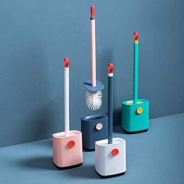 Imagem de Conjunto de escova de vaso sanitário doméstico com base respirável cabelo macio cabo longo escova de vaso sanitário de limpeza simples e suporte (cor: caneca Bigblue) (ouro)