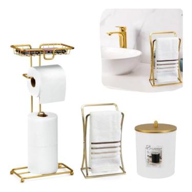 Imagem de Kit Lavabo Banheiro Completo Dourado - Porta Toalha de Rosto, Porta Papel Higiênico Com Suporte Para Celular e Lixeira, Conjunto Completo para Banheiro