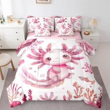 Imagem de Feelyou Jogo de edredom fofo com estampa de axolotl, 7 peças, solteiro, oceano e vida marinha para crianças, meninos, meninas, desenho kawaii, salamandra, microfibra macia e leve