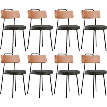 Imagem de Kit 08 Cadeiras Decorativas Estofada Sala De Jantar Barcelona L02 Couríssimo Camel Linho Chumbo - Lyam