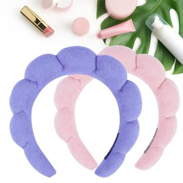 Imagem de 2 peças de faixa de cabeça roxa e de pino para lavar o rosto – faixa de cabeça de tecido de pano de toalha felpuda esponja para lavar o rosto, remoção de maquiagem, chuveiro, máscara facial, chuveiro