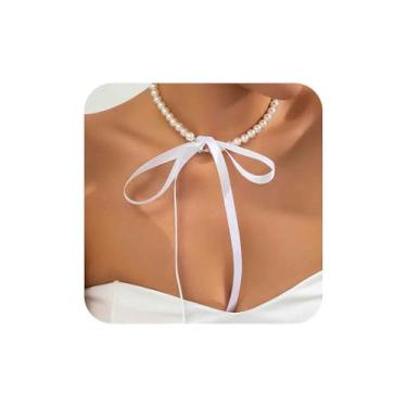 Imagem de Aneneiceera Colar gargantilha vintage de fita de cetim preto colar de pérola branca colar de pérola longa preta gravata borboleta colar corrente joia para mulheres, Zinco, Sem Pedra Preciosa