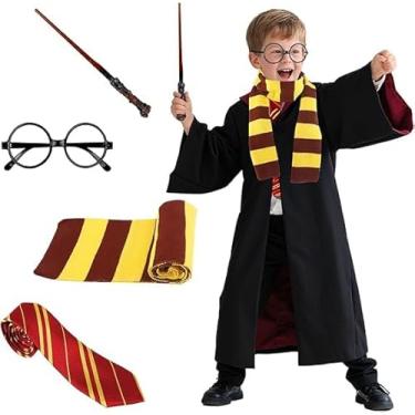 Imagem de Kitimi Wizard Costume145 Set, Wizard Cloak Robe Halloween Costume, Magic Wand, Tie, Scarf, Glasses Accessories
