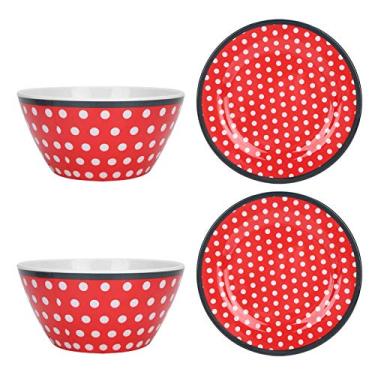 Imagem de Conjunto de pratos de imitação de porcelana durável prato redondo bonito design de pontos vermelhos para cozinha, sala de jantar, inclui 2 tigelas e 2 pratos